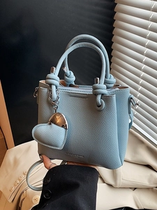 Fashion PU Leather Bucket Bag With Heart Pendant Litchi Texture Knot Handle Small Crossbody Shoulder Bag Casual Daily Handbag