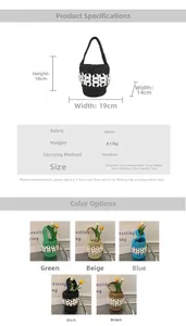 Detailed size chart and multi-color options for woven straw bucket bag with chain
