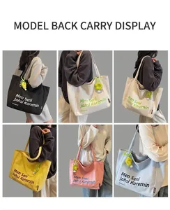 Collage of canvas tote bags in six colors with sunflower charms and shoulder straps