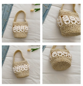 Detailed views of handmade woven straw bucket bag with resin ring and handle