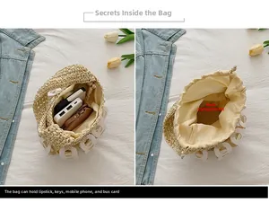 Internal structure of straw bucket bag showing main pocket capacity and resin ring detail