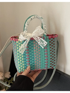 Colorful woven small square crossbody bag with large lace bow and top handle