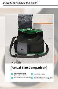 Vue détaillée du sac cabas en toile noire comparaison de taille avec iPad et accessoires