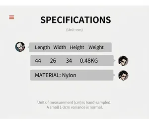 Guide des tailles du sac de voyage en nylon: dimensions 44x26x34cm et poids 0,48kg