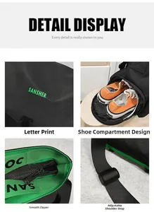 Détails du sac de sport incluant compartiment chaussures, logo vert et bandoulière