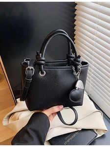 Women PU Leather Bucket Bag Elegant Lychee Pattern Handbag With Heart Pendant Knot Handle Adjustable Shoulder Crossbody Bag