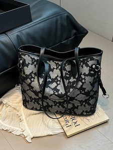 Grande borsa tote jacquard nera con motivo astratto argento per il pendolarismo quotidiano