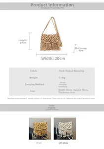 Size chart showing 20x18x6cm dimensions for the woven bohemian fringe crossbody bag
