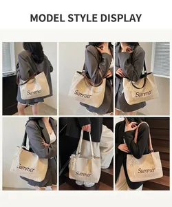 Multiple views of fashion straw tote bag featuring Summer embroidery and colorful straps
