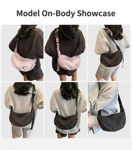 Collage of purple and black nylon crescent crossbody bags showing adjustable straps