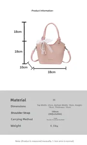 Mini sac seau tissé rose avec détails de perles, nœud en dentelle et dimensions