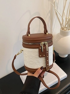 Vintage PU Leather Cylinder Bucket Bag For Women Fashion Crossbody Shoulder Handbag With Bear Pattern Embossed Tote Purse