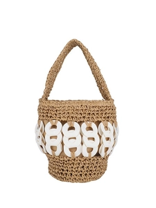 Handmade woven bucket bag featuring white ring accents and rustic straw texture