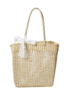 Borsa tote in paglia intrecciata a mano con elegante fiocco in pizzo bianco estiva