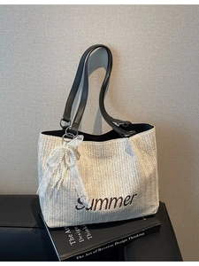 Large Capacity Straw Woven Tote Bag Summer Letter Embroidery Shoulder Bag Lace Artificial Pearl Charm Casual Beach Vacation Handbag For Women