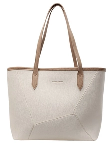 Minimalist large-capacity cream tote bag with brown handles and geometric stitching