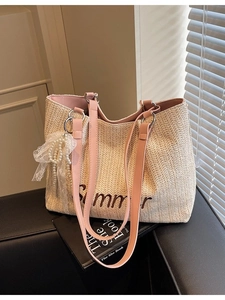 Chic beige straw tote bag with Summer embroidery, pink leather straps and pearl bow