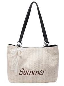 Beige straw tote bag with Summer embroidery, black leather straps and pearl bow charm
