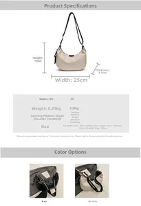 Fiche technique du sac demi-lune en cuir PU avec dimensions et détails de la bandoulière