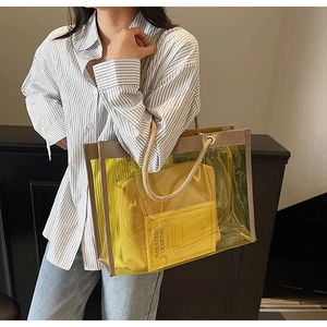 Detail of yellow transparent PVC tote bag with rope handles and matching inner pouch