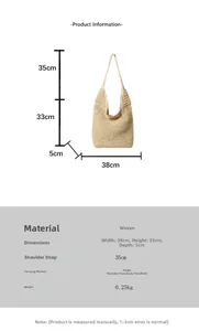 Detailed view of straw tote bag dimensions 38x33x5cm and woven material textures