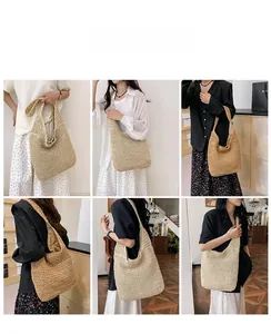 Multiple views showing the capacity and fit of the handmade woven straw tote bag on models