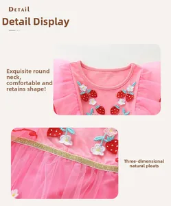 Détail de robe rose pour fille avec broderie fraise, ceinture dorée et jupe en tulle