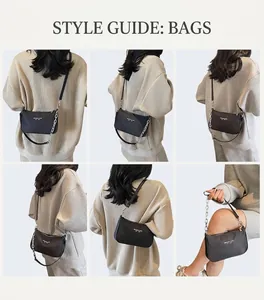 Detailed views of a minimalist black shoulder bag featuring a stylish silver chain strap