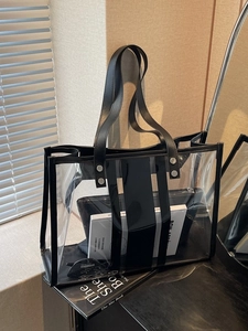Sac fourre-tout transparent en PVC avec bordures en similicuir noir et pochette