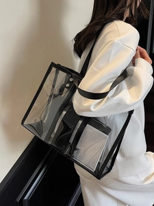Sac fourre-tout en PVC transparent avec bordure en cuir noir et pochette interne