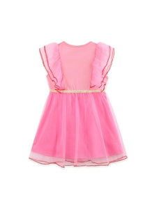 Robe rose sans manches pour filles avec broderie fraise et ceinture dorée brillante