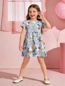 Vestito da Ragazza Casual in Cotone a Maniche Corte Con Stampa Floreale Animali Cartoni Animati Abito da Principessa Estate