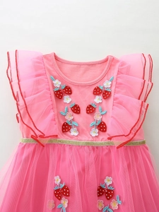 Robe rose sans manches pour filles avec broderie fraise et jupe en tulle multicouche