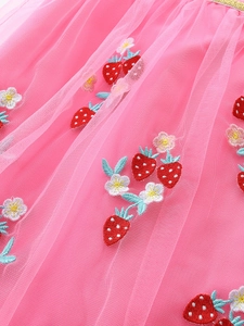 Robe en tulle rose pour fille avec broderie détaillée de fraises et de marguerites