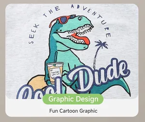 Détail d'un t-shirt en maille grise avec imprimé dinosaure de dessin animé et lunettes
