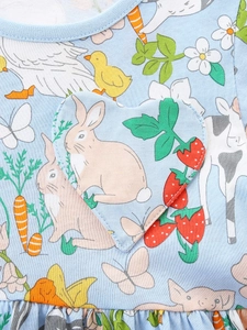 Abito blu estivo per bambine con stampe di animali animati e tasca a forma di cuore