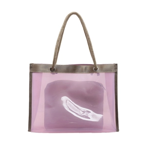 Purple transparent PVC tote bag with rope handles and inner pouch on white background