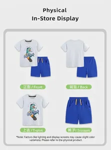 Détails de l'ensemble garçon : t-shirt gris dinosaure et short bleu sport
