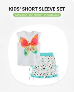 Detail of girl's white ruff sleeve vest with butterfly print and animal pattern shorts
