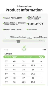 Size chart detail for girls' short sleeve t-shirt and cotton shorts set, 2Y to 7Y sizes