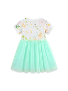 Girls Summer Short Sleeve Floral Print Dress Spliced Mesh Tulle Princess Skirt Cotton Sweet Party Clothing For Children