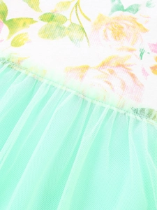 Girls' summer dress with floral print top and mint green layered mesh tulle skirt detail