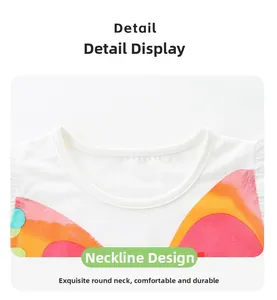 Detail of the soft cotton ribbed crew neck on a white graphic print t-shirt for girls