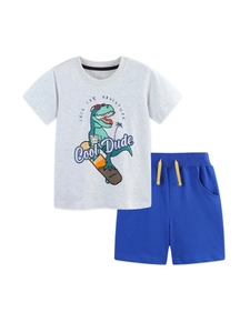 Ensemble d'été en coton pour garçon avec T-shirt dinosaure gris et short bleu élastique