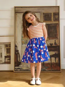 Mädchen Westlicher Stil Gestreiftes Kleid Sommer Cartoon Katze Druck Prinzessin Kleid Baumwolle Kurzarm Rüschen Kinder Bekleidung