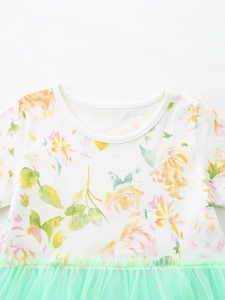 Girls' short sleeve floral dress with white cotton top and mint green mesh tulle skirt