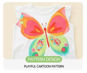 Close-up of girls' white cotton T-shirt featuring a colorful floral butterfly pattern