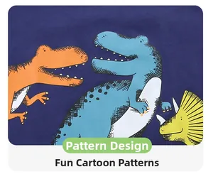 Vue détaillée du tissu bleu foncé avec imprimés dinosaures colorés pour ensembles garçons