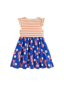 Gestreiftes orange-weißes Mädchenkleid mit blauem Rock und Katzen-Print