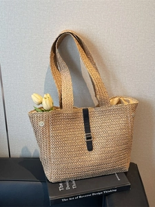 Large capacity woven straw tote bag with black leather buckle strap and shoulder straps